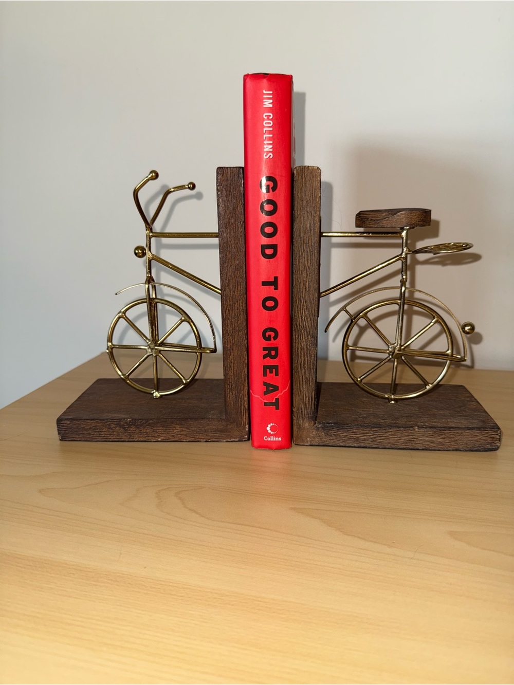 Gold Metal Bicycle Bookends with Brown Wood Bases